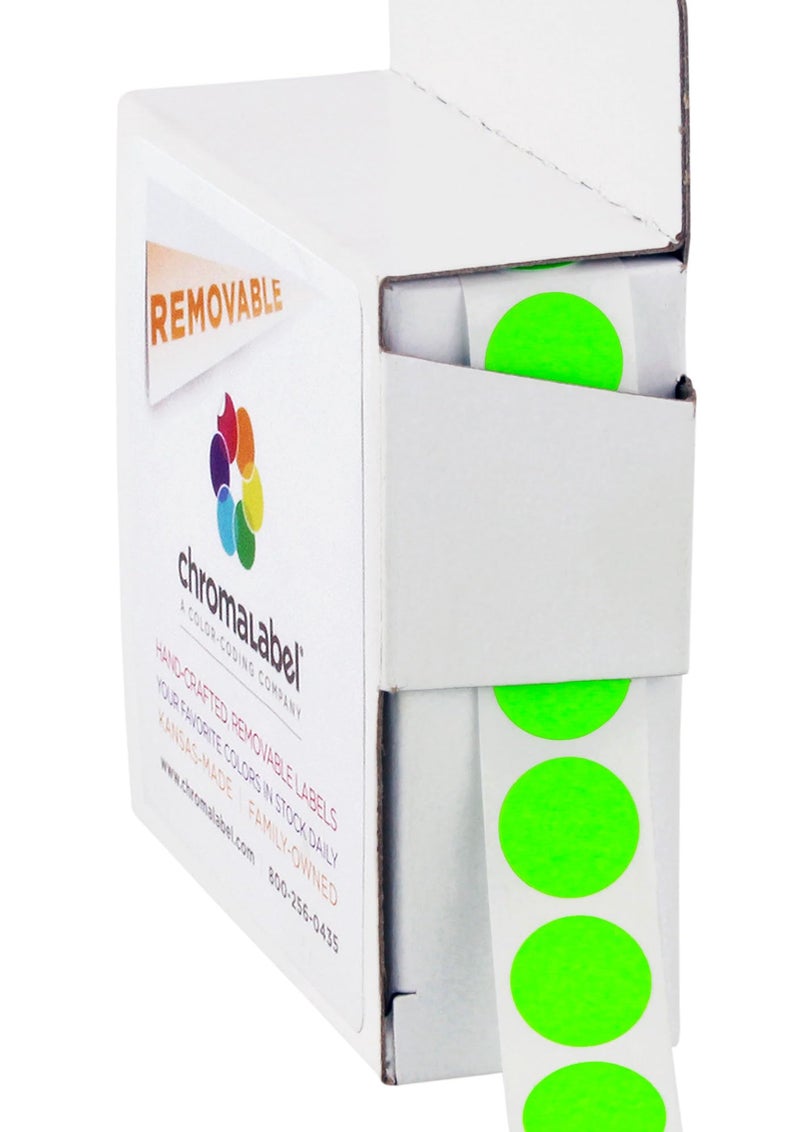 ChromaLabel Brand Fluorescent Green 1/2" Round Removable Stickers - 1000 Colored Dots for Arts & Crafts, Organization, Office, Retail, Classroom, Warehouse, Food Service, Medical - Made in USA - Image 1